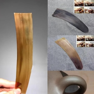 May include: A collection of tea ceremony tools. The image shows a long, curved, wooden tea scoop with a light brown color. Additional images show other tea ceremony tools and a close-up of a tea pot.