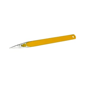 May include: A yellow craft knife with a pointed metal blade and a long, flat handle. The handle features a small circular hole at the end for hanging. The metal tip shows signs of wear with visible scratches and paint chipping near the edge.