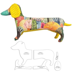 May include: A sewing pattern for a dachshund dog plush toy. The pattern includes pieces for the body, ears, and underside. The pattern is printed on white paper with black lines.