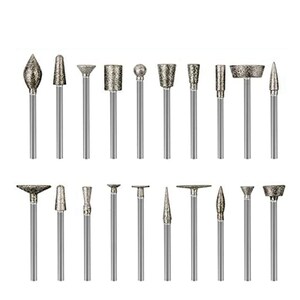 May include: Set of 20 diamond-coated rotary tool bits for grinding, shaping, and polishing. The bits come in a variety of shapes and sizes, including cone, cylinder, ball, and flat.