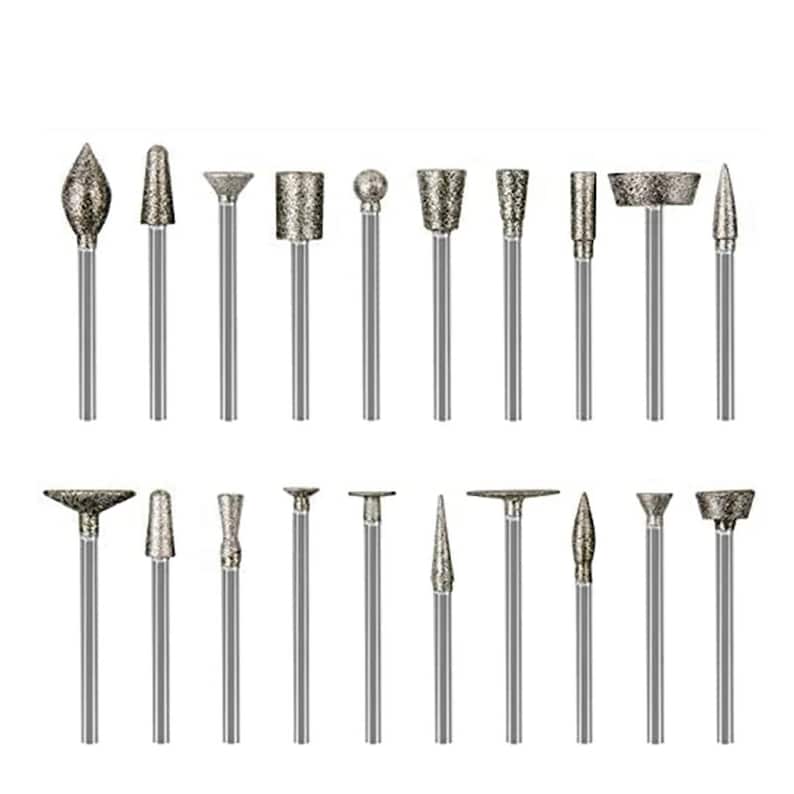 May include: Set of 20 diamond-coated rotary tool bits for grinding, shaping, and polishing. The bits come in a variety of shapes and sizes, including cone, cylinder, ball, and flat.