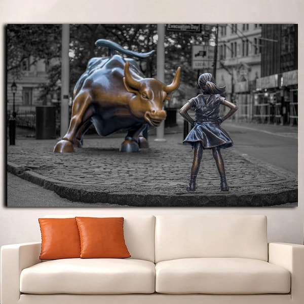 Fearless Girl and Bull Canvas Art, Bull Canvas, Vintage Poster, New York Wall Decor,Modern Print Art, Extra Large Painting, Canvas or Poster