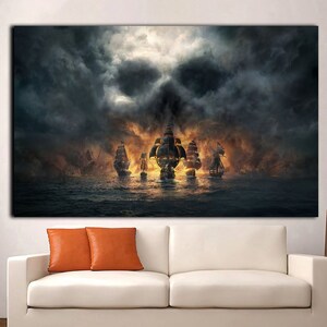 Pirate Ships Canvas Wall Art, Skull Illusion Print, Boat Ship Painting,Pirate Poster,Gothic Skull Art,Modern Artwork, Home & Room Decoration