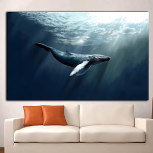 大きな青いクジラのオリジナルアート 部屋用 クジラ キャンバスに描かれたモダンなアートワーク クジラ ホームデザイン 壁飾り 水中生物 ウォールアートセット クジラアートギフト