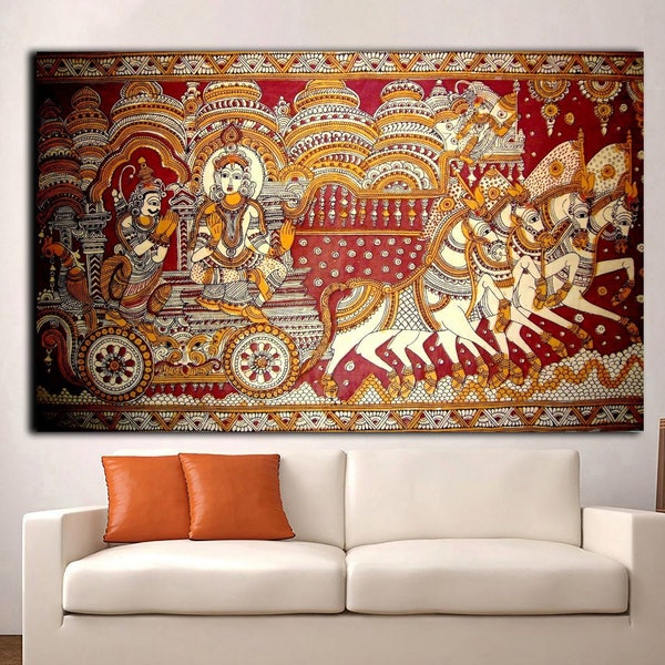 Krishna with Arjun Indian Art, Rolled Madhubani Canvas Painting,  Religious Canvas Roll,Indian Painting,Indian Canvas Art,Indian Home Decor