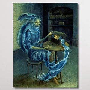 May include: A surrealist painting of a woman in a blue robe sitting at a table. The woman's robe appears to be made of water, and she is looking at a box on the table. The painting is set in a dark room with a shelf of books in the background.