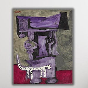 May include: Abstract painting with a purple and black geometric design on a gray background. A white and black spotted dog-like figure is in the foreground. The painting is mounted on a wall above a blue sofa.