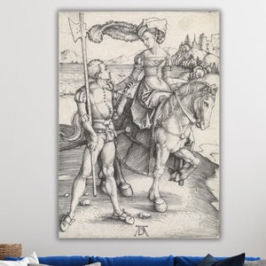 Lady on Horseback and the Lansquenet by Albrecht Dürer Poster Canvas, Albrecht Durer Canvas,Dürer  Print Art, Black and White, Ready to Hang