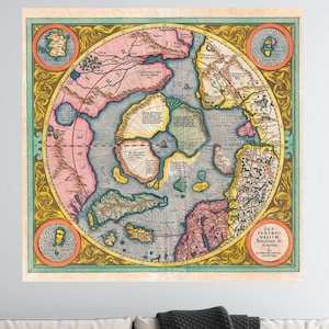 Karte Mercator 1606 Nordpol Arktis Septentrionalium Terrarum Leinwand, Mercator Karte Druck, quadratische Wandkunst, Gerard Mercator Druck, fertig zum Aufhängen