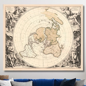 Antike Planisphere Terrestre Vintage Flache Erde Azimuthel Äquidistantdruck Poster, Flache Erde Karte Druck, Alte Karte Leinwandkunst, fertig zum Aufhängen