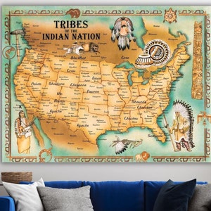 Pintura de mapas de tribus nativas americanas, póster impreso de mapas de tribus nativas americanas, arte en lienzo, póster de mapas antiguos, impresión de mapas antiguos, listo para colgar