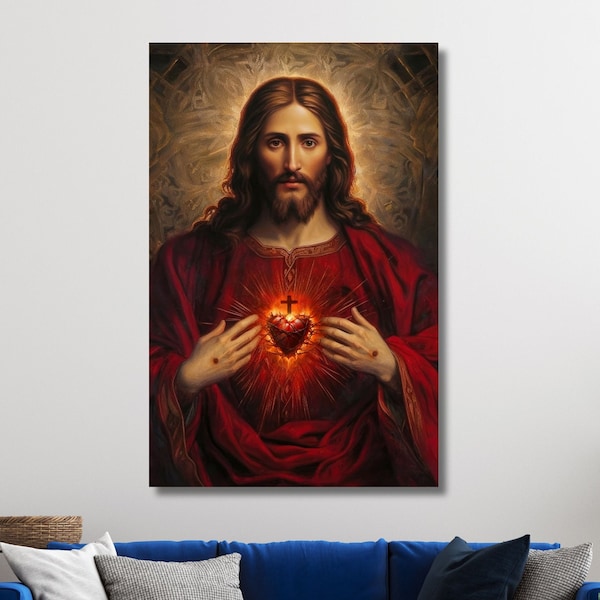 Sacred Heart Of Jesus,Jesus Paintings, Holy Jesus Christ Sacred Heart Religious Print, Jesus Canvas Wall Art Print,Jesus Exhibition Poster