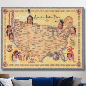 Póster con impresión de mapa de tribus nativas americanas, arte en lienzo, póster de mapa antiguo, pintura de mapa de tribus nativas americanas, impresión de mapa vintage, listo para colgar