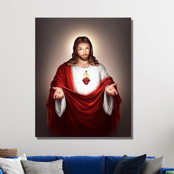Jesus Paintings, Holy Jesus Christ Sacred Heart Religious Print, Sacred Heart Of Jesus, Jesus Canvas Wall Art Print,Jesus Exhibition Poster