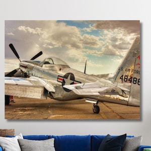 May include: A silver and gray World War II era P-51 Mustang fighter plane with a red, white, and blue star on the fuselage. The plane is sitting on a runway with a cloudy sky in the background. The plane has the text "U.S. AIR FORCE 48486" on the tail.