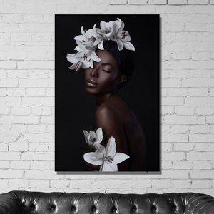 African Canvas Print Art,African Woman With White Flower Head Canvas Painting,African Woman Print,Black Woman Canvas Wall Art,Ready To Hang