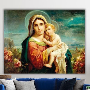 Impresión en lienzo de Madonna y el Niño de Hans Zatzka, decoración religiosa de inspiración renacentista, arte sacro vintage, póster de Madre e hijo, listo para colgar