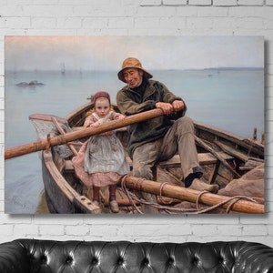 The Helping Hand by Émile Renouf Canvas,Emile Renouf Helping Hand 1881 Poster Print Art,Vintage Poster Art,Old Fisherman Helping Young Girl