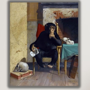 Peut inclure: Peinture vintage d'un chimpanzé assis sur une chaise, tenant un papier, avec un crâne sur une table. La scène se déroule dans une pièce avec une cheminée et une chaise rouge. L'œuvre a un style classique et académique.
