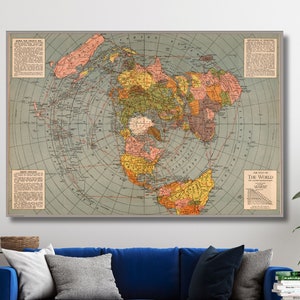 Platte aardekaart polar azimutale equidistante projectie 1943 WO II canvas print poster, platte aarde kaart print, oude kaart canvas kunst, klaar om op te hangen