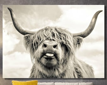 Cow With Tongue Black White Print Highland Cow Canvas Wall Art Farmhouse Decor Rustic Wall Decor Animals Painting Scottish Cow Wall Art Cow