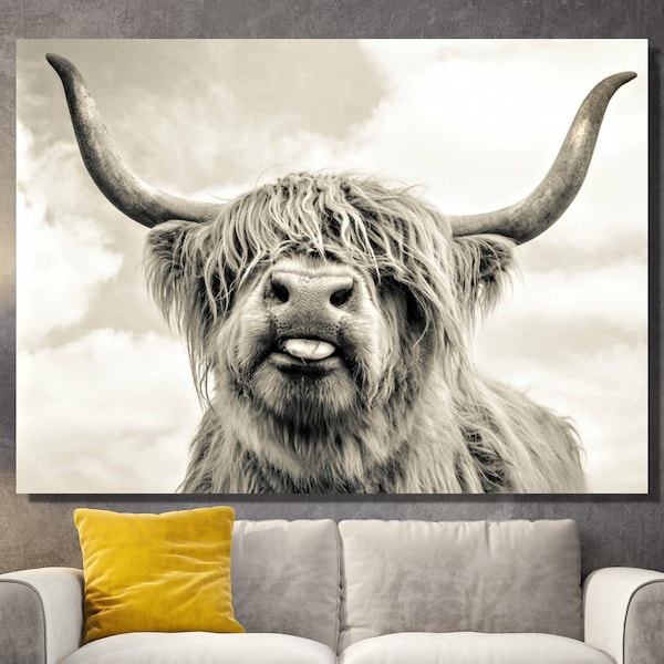 Kuh mit Zunge schwarz weiß Print Highland Kuh Leinwand Wand Kunst Bauernhaus Dekor rustikale Wand-Dekor Tiere Malerei Schottische Kuh Wand Kunst Kuh