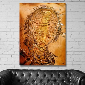 May include: Abstract painting of a face with a golden halo, rendered in a textured style with swirling lines and shapes.