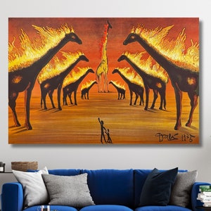 May include: A painting of a group of giraffes on fire, with a single human figure standing in the foreground. The giraffes are all facing forward, with their necks outstretched and their heads held high. The flames are a bright orange and yellow, and they are licking at the giraffes' bodies. The human figure is small in comparison to the giraffes, and they are looking up at the animals with a sense of awe.
