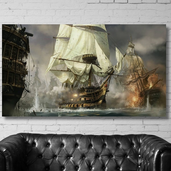 Piratenschiff Malerei, Piratenschiff Poster Druck, Piratenschiff Wandkunst, Piratenschiff Leinwand, Marinegeschichte Dekor, Marine Kunstdruck, fertig zum Aufhängen