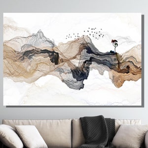 May include: Abstract art print depicting a landscape with mountains, a tree, and birds in shades of brown, grey, and white on a white background.