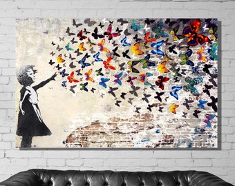 Banksy Butterfly Girl Graffiti Canvas Print,Banksy Butterfly Girl Wall Art,Banksy Butterfly Girl Print Art,Street Graffiti Art Wall Decor