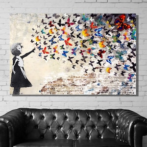 Banksy Schmetterling Mädchen Graffiti Leinwanddruck, Banksy Schmetterling Mädchen Wandkunst, Banksy Schmetterling Mädchen Druckkunst, Straßen Graffiti Kunst Wanddekor