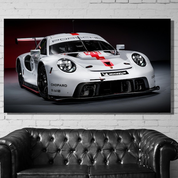 Porsche RSR Bianco Poster, Porsche RSR Bianco Auto Racing Canvas,  Porsche Racing Print, Racing Car Print, Garage Wall Decor, Gift For Men