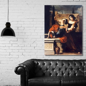 May include: A painting depicting two women in a dramatic scene. The woman in the foreground is wearing a red and gold dress and is holding a pitcher. The woman in the background is wearing a dark dress and has her arm around the other woman. The painting is set against a backdrop of a building and trees.