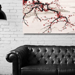 Art moderne paisible japonais, art japonais de fleurs de cerisier en fleurs, décoration murale japonaise Sakura, mont Fuji, immense toile d'art murale, prêt à accrocher