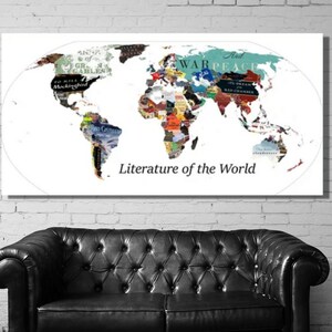 Mappa del mondo della letteratura su tela, mappa della letteratura per la scuola, poster letterario, arte letteraria, stampa letteraria da parete, regali letterari, regalo per gli amanti dei libri