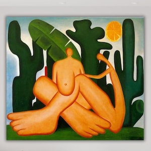 May include: A large, colourful painting depicts a nude figure with orange skin, seated in a green landscape with cacti and a banana leaf. A yellow sun is in the sky. The artwork is displayed above a sofa in a living room.