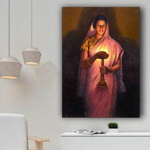 Lady With The Lamp Canvas Wall Art, Lady With The Lamp Poster, Glow Of Hope by Raja Ravi Varma Paintings, India Painting, India Canvas Art