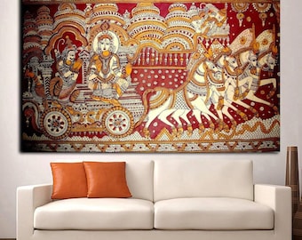 Krishna with Arjun Indian Art, Rolled Madhubani Canvas Painting,  Religious Canvas Roll,Indian Painting,Indian Canvas Art, Indian Home Decor