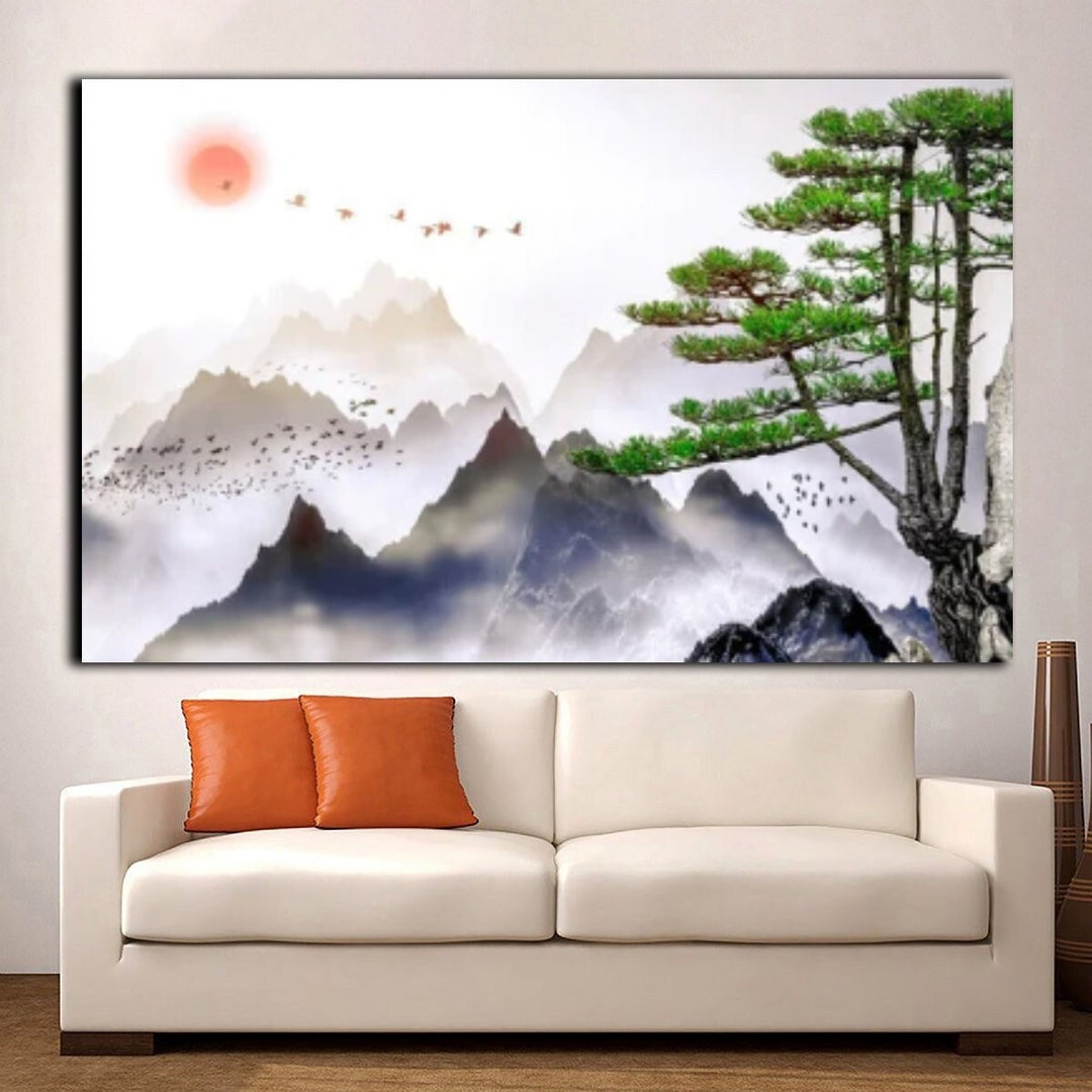 Japanese Landscape Painting of Pine Trees Canvas Wall Art,distant ...