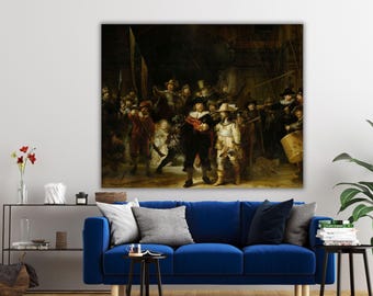 May include: A large rectangular wall art print featuring a dark, dramatic oil painting of a group of figures in historical attire, including men in dark coats and hats, positioned above a vibrant blue sofa in a living room setting.
