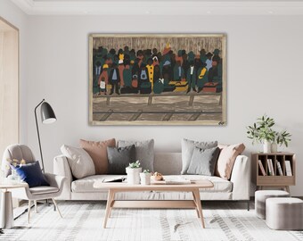 May include: A rectangular wall art print featuring a stylized painting of a large crowd of people standing on a wooden platform next to train tracks. The figures are depicted in dark tones with pops of yellow, red, and blue, carrying various suitcases.