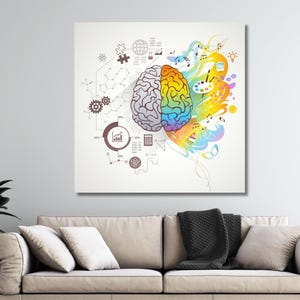 Op de afbeelding: Een vierkante wandkunstprint met een menselijk brein verdeeld in twee helften. De linkerkant is in grijstinten met wetenschappelijke iconen zoals tandwielen, moleculen en grafieken. De rechterkant is levendig met kleurrijke verfspatten.