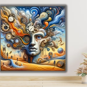Könnte beinhalten: Ein quadratischer Wandkunstdruck mit einem surrealen Gesicht, das in wirbelnde blaue und orangefarbene Wolken, mechanische Uhrwerke und schwebende Zeitmesser integriert ist. Der untere Bereich zeigt eine Wüstenlandschaft mit kleinen Figuren.