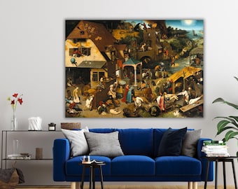 May include: A rectangular wall art print featuring a detailed oil painting with numerous figures engaged in various activities within a village setting, including buildings, a water feature, and a dark, earthy color palette with muted tones.
