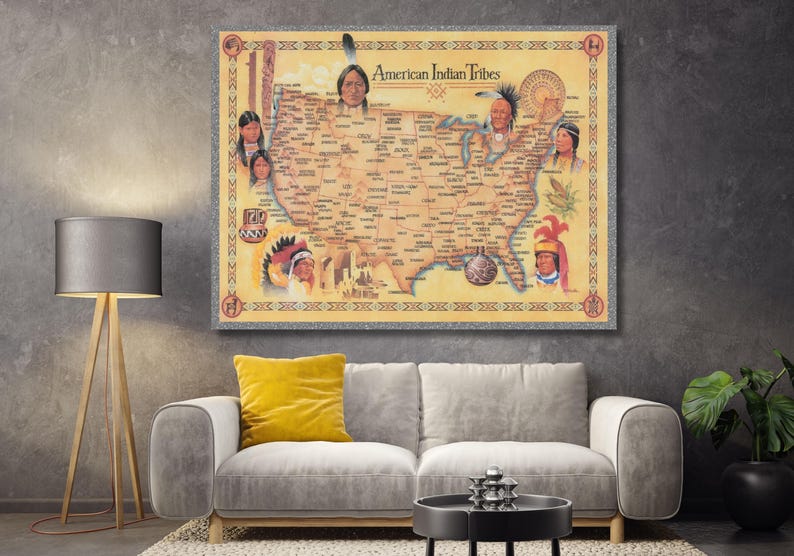 Native American Tribes Map Print Poster Canvas Art, Antique Map Poster ...