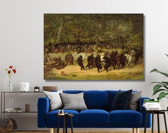May include: A rectangular wall art print depicting a forest scene filled with numerous brown and black bears standing on their hind legs, dancing and interacting in a clearing. The painting features deep green foliage, trees, and earthy tones.