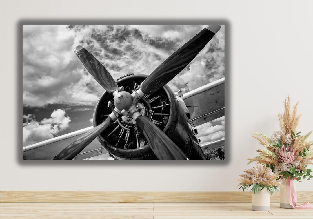 Vintage Airplane Propeller Wall Art , Black White Aircraft Engine Print ...