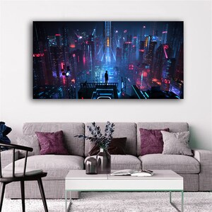 Neo Futuristic Wall Art, Cyberpunk City Canvas Poster, High Quality ...