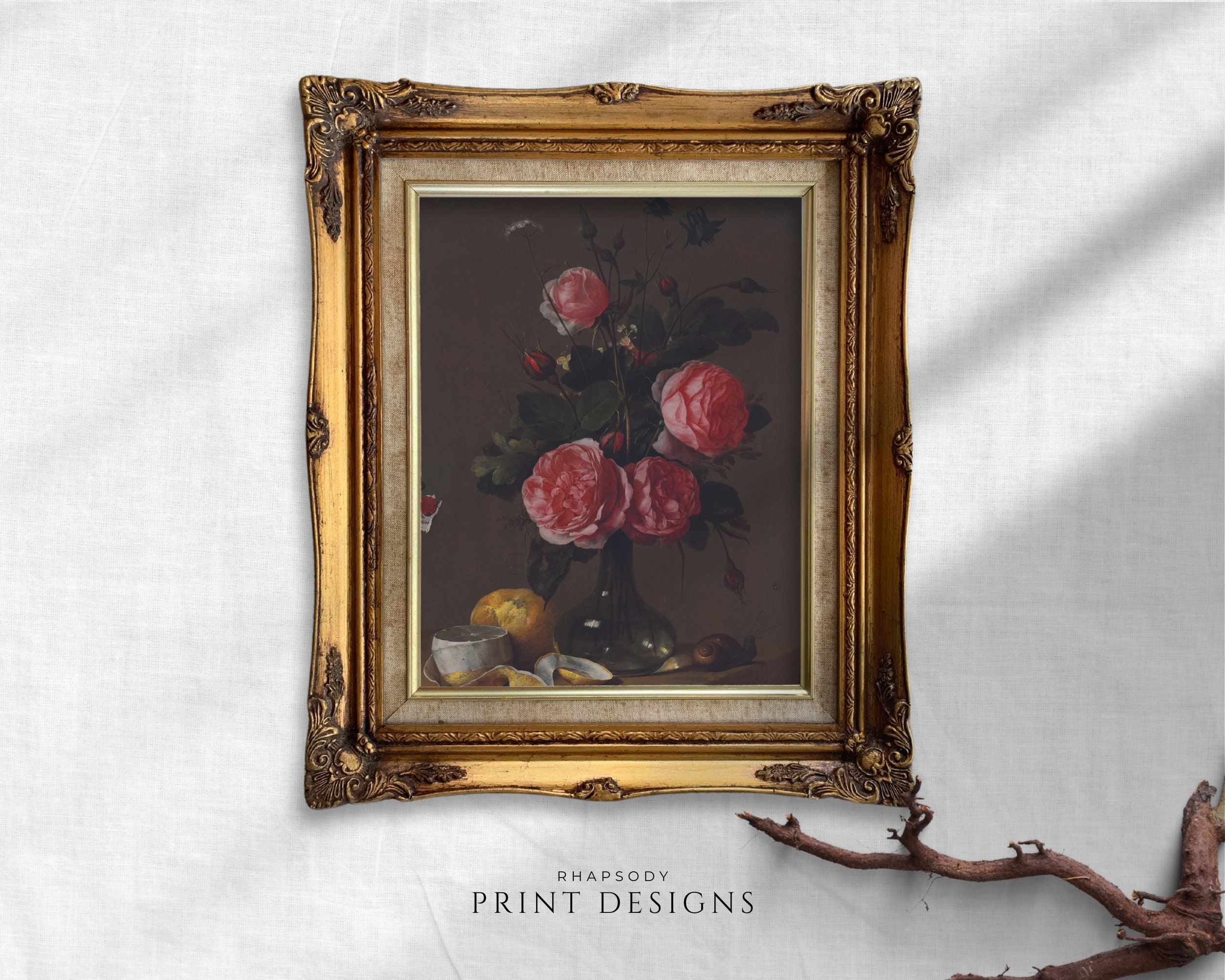 Dark Floral Still Life Painting, Moody Vintage Printable Wall Art ...